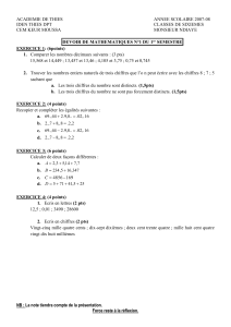 Devoir de Maths 6ème: Nombres, Opérations, Géométrie