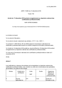 Arrêté sur l'enregistrement des certifications professionnelles