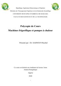 Machines Frigorifiques et Pompes &agrave; Chaleur - Cours