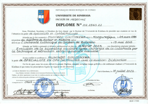Diplôme de Spécialiste en Ophtalmologie - Université de Kinshasa