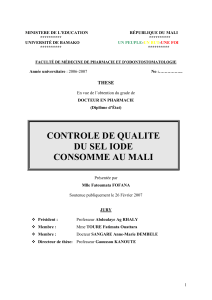 FOFANA Mlle Fatoumata (2007). Contr&ocirc;le de qualit&eacute; du sel iode consomme au mali.