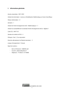 Alg&egrave;bre 1 : Syllabus du cours de L1 en Mod&eacute;lisation Math&eacute;matique