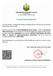 Attestation d'Inscription - Universit&eacute; d'Abomey-Calavi