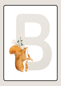 Lettre B illustrée avec écureuil et fleurs