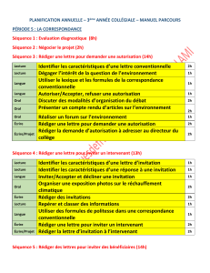 Planification Annuelle Français 3ème Collégiale - Correspondance & Nouvelle