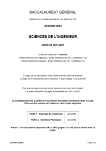 Baccalaur&eacute;at G&eacute;n&eacute;ral 2024 - Sciences de l'Ing&eacute;nieur - &Eacute;preuve Sp&eacute;cialit&eacute;