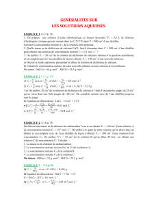 Exercices de chimie : Solutions aqueuses, Acides et Bases