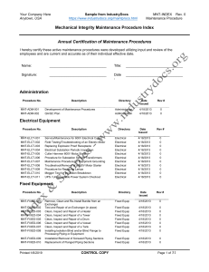 Maintenance Procedure Index - Mechanical Integrity