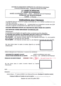 &Eacute;preuve de Biophysique - Universit&eacute; d'Abomey-Calavi - 2023