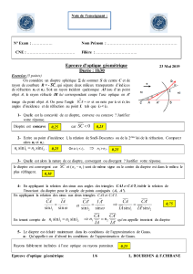 Examen d'Optique G&eacute;om&eacute;trique - Dioptres et Lentilles Minces (2019)