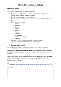Introduction &agrave; la Biologie : Niveaux d'Organisation et Caract&eacute;ristiques de la Vie