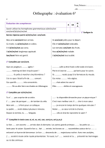 Évaluation d'Orthographe 6e: Homophones Grammaticaux Français