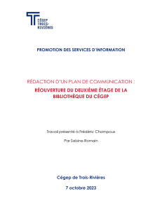Plan de communication : Réouverture 2e étage Bibliothèque Cégep Trois-Rivières