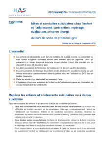 Suicide chez l'enfant et l'ado : Pr&eacute;vention et prise en charge