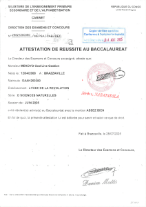 Attestation de R&eacute;ussite Baccalaur&eacute;at Sciences Naturelles 2025
