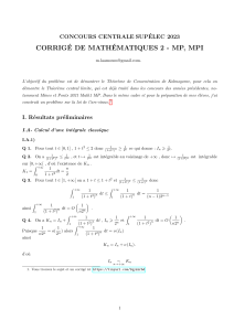 Corrigé Maths 2 MP MPI Centrale Supélec 2023 - Intégrales & Probabilités