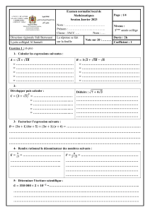 Examen de Math&eacute;matiques : 3&egrave;me Ann&eacute;e Coll&egrave;ge, Janvier 2023