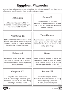 Egyptian Pharaohs Worksheet: Arrange Pharaohs by Reign