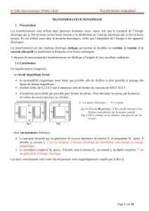 Transformateur monophas&eacute; : Pr&eacute;sentation et fonctionnement