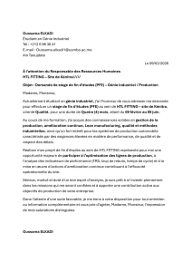 Lettre de motivation pour stage PFE G&eacute;nie Industriel Qualit&eacute;