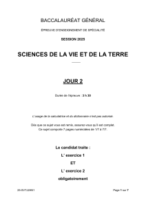 Baccalaur&eacute;at SVT 2025 Jour 2 Exercices 1 et 2