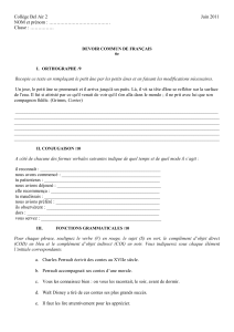 Devoir commun fran&ccedil;ais 6e : Orthographe, Conjugaison, Grammaire