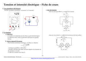 Tension et intensit&eacute; &eacute;lectrique - Fiche de cours