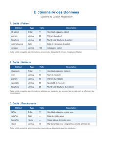 Dictionnaire des Donn&eacute;es Syst&egrave;me de Gestion Hospitali&egrave;re