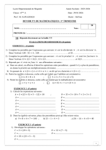 Devoir de math&eacute;matiques 6&egrave;me : exercices sur la division, multiplication et factorisation