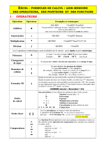 Fiche de r&eacute;vision Excel : Op&eacute;rateurs, Pointeurs, Fonctions
