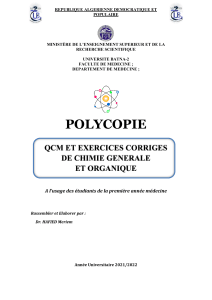 QCM et exercices corrig&eacute;s de chimie g&eacute;n&eacute;rale et organique - Universit&eacute; Batna-2