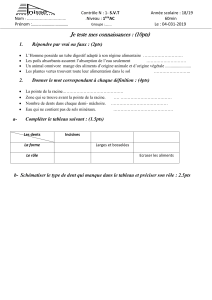 Contr&ocirc;le de Biologie : Syst&egrave;me Digestif, Nutrition V&eacute;g&eacute;tale, Dentition Animale