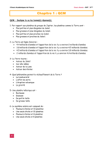 Chapitre 1 QCM SVT 5&egrave;me : Syst&egrave;me solaire et Terre