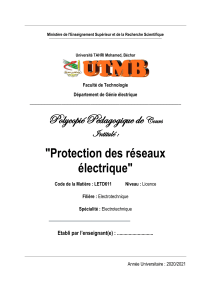 Protection des r&eacute;seaux &eacute;lectriques - Cours Universit&eacute; TAHRI Mohamed
