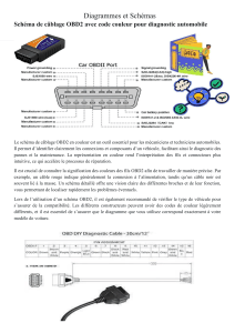Sch&eacute;ma de c&acirc;blage OBD2 avec code couleur pour diagnostic automobile