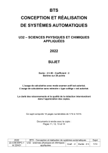 Sujet d'examen BTS : Physique et Chimie Appliqu&eacute;es