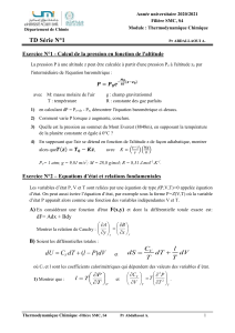 TD S&eacute;rie 1 : Thermodynamique Chimique - Universit&eacute; Moulay Ismail