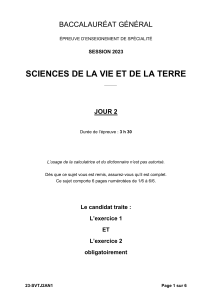 Baccalaur&eacute;at SVT 2023 Examen Jour 2