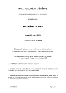 Baccalaur&eacute;at G&eacute;n&eacute;ral 2023 - Math&eacute;matiques - &Eacute;preuve Sp&eacute;cialit&eacute;