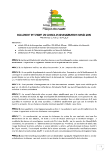 R&egrave;glement Interieur du Conseil d'Administration 2026
