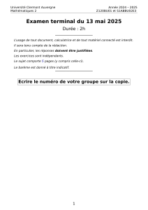 Examen terminal Math&eacute;matiques 2 Universit&eacute; Clermont Auvergne 2025