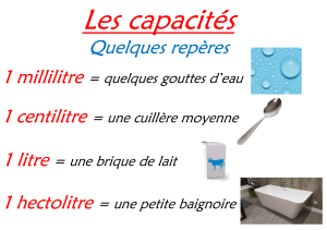 Les capacit&eacute;s : rep&egrave;res pour les unit&eacute;s de volume (ml, cl, l, hl)