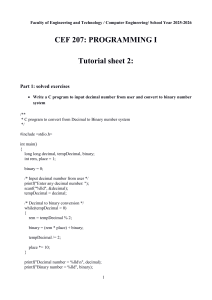 CEF 207 Programming I Tutorial Sheet 2: C Exercises