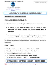 Recrutement Ing&eacute;nieur Conception UCAD 2025