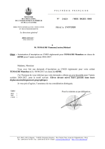 Autorisation d'inscription au CNED : TEMAURI Manohea, 6&egrave;me, 2026-2027