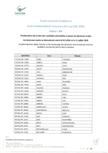 Ecole Centrale Casablanca 2026 MP Admission List
