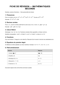 Fiche de r&eacute;vision Maths Seconde : Puissances, racines, fonctions, &eacute;quations