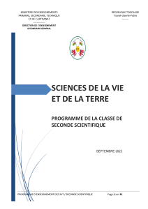 Programme SVT Seconde Scientifique Togo 2022