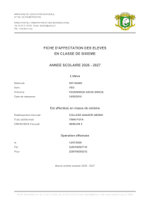Fiche d'affectation &eacute;l&egrave;ve sixi&egrave;me 2026-2027