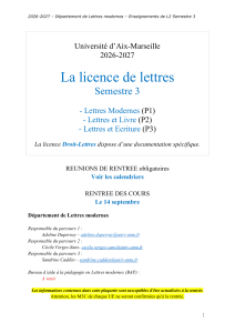 Plaquette d'enseignements L2 Semestre 3 Lettres Modernes 2026-2027 Aix-Marseille